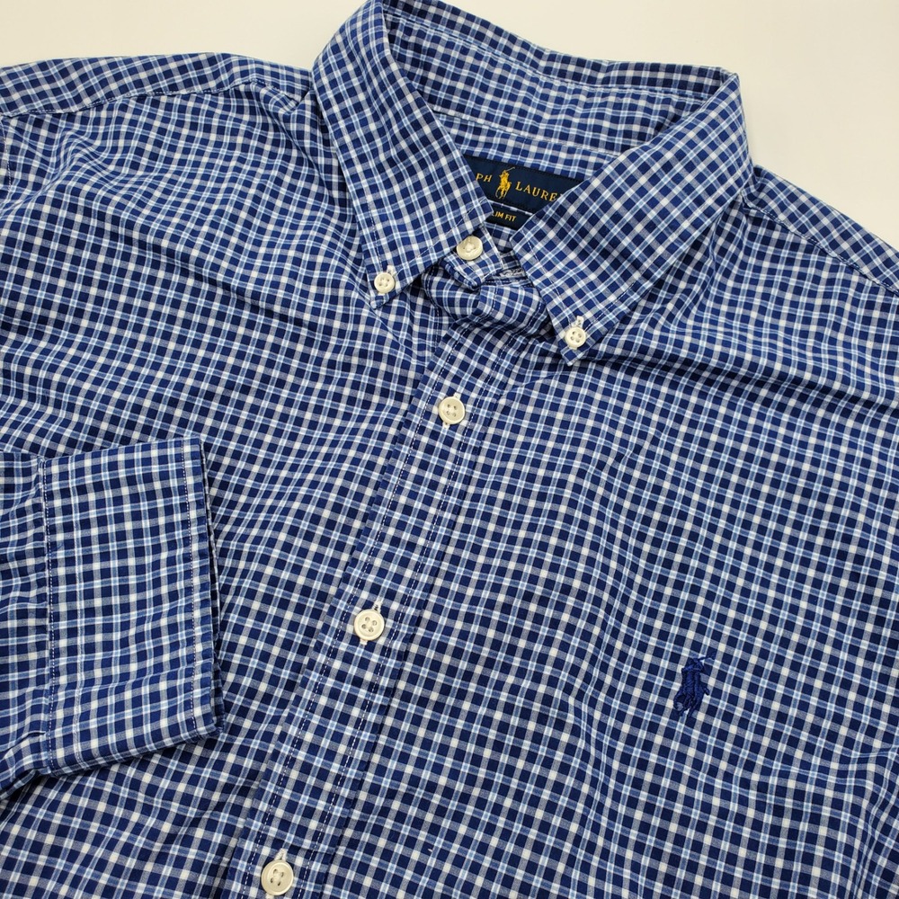 Ralph Lauren Mens XL Slim Fit Gingham Button Down‎ Shirt Blue White Long Sleeve